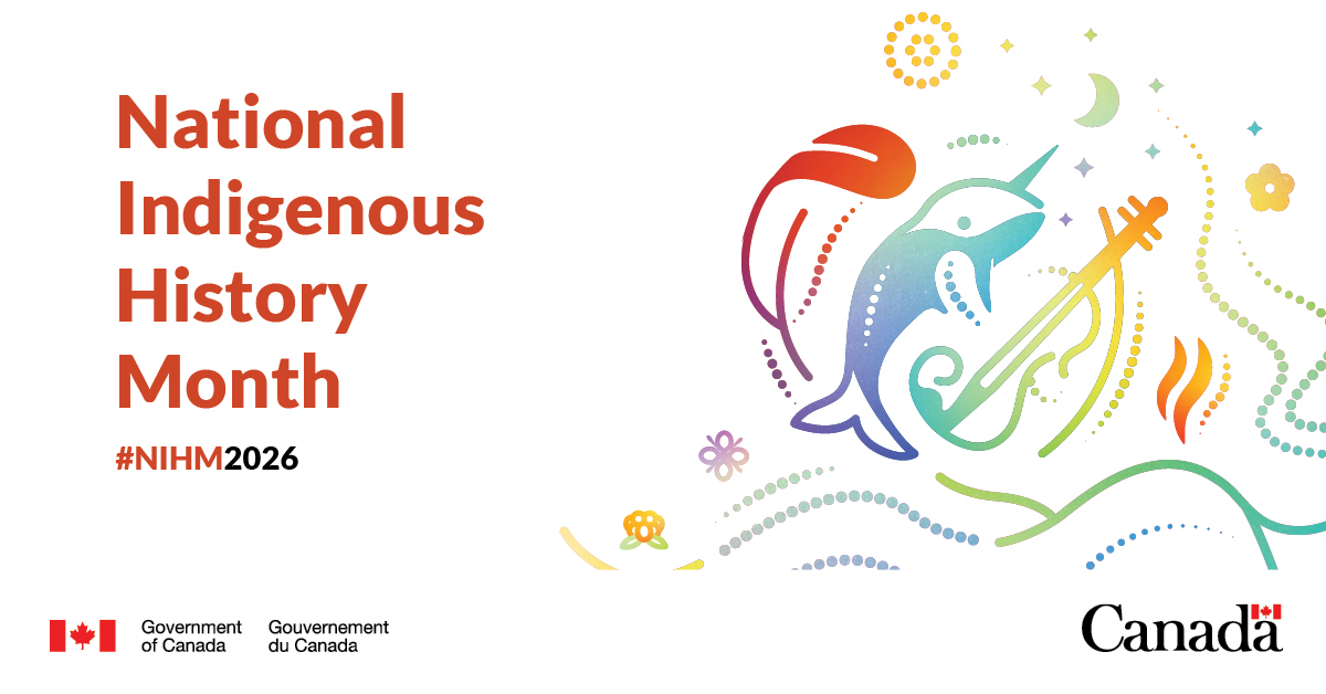 An image featuring intertwined illustrated symbols representing First Nations, Inuit and Métis: a feather, a narwhal and a fiddle, rendered in a flowing rainbow gradient. Surrounding these central symbols are decorative elements representing other aspects of First Nations, Inuit and Métis cultures. Text: National Indigenous History Month #NIHM2026