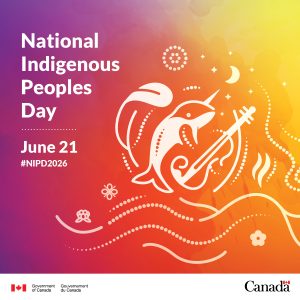 An image featuring intertwined symbols representing First Nations, Inuit and Métis: a feather, a narwhal and a fiddle. They appear in white against a vibrant gradient background evoking the warm light of the longest day of the year. Surrounding these central symbols are decorative elements illustrating other aspects of First Nations, Inuit and Métis cultures.

Text:
National Indigenous Peoples Day
June 21
#NIPD2026